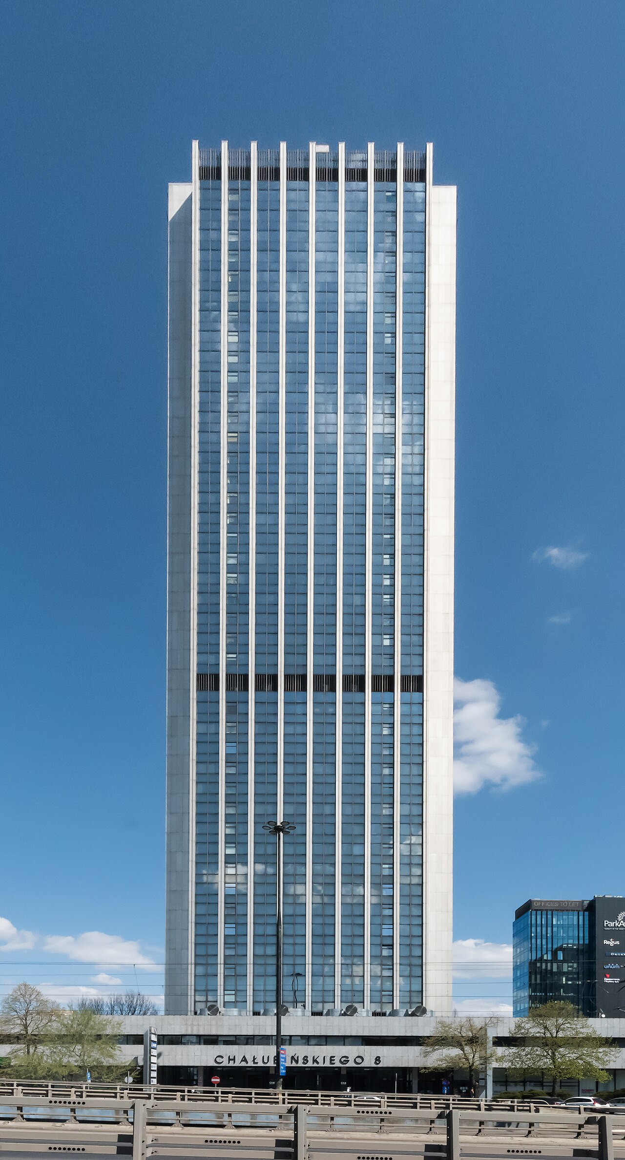 A modern glass office tower