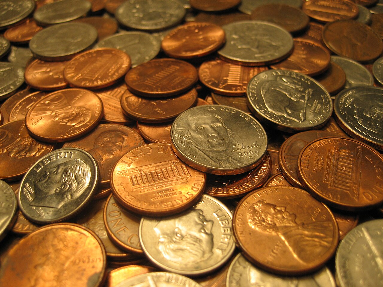 A pile of assorted coins